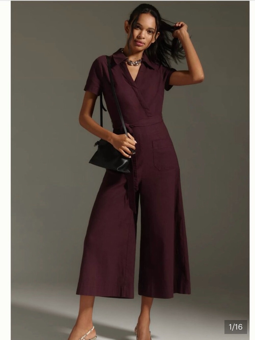 Womens Short-Sleeve Wide-Leg Jumpsuit in Plum